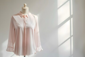 Chic pastel pink silk blouse displayed on an invisible mannequin