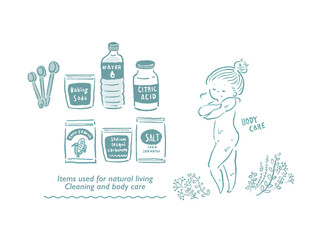 ナチュラルな暮らしに役立つアイテムとボディケアのイメージイラスト