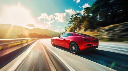 Obraz premium Red Business Car Racing at High Speed on a High-Speed Highway: Motion Blur in Sunny Day