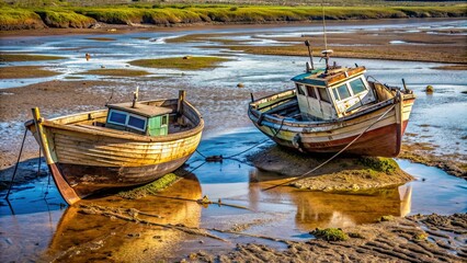 Obraz premium Two weathered boats sitting in mud at low tide , boats, weathered, grounded, mud, low tide, water, nautical, marine, vessel