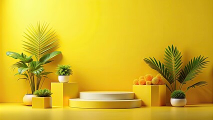 Fototapeta premium Vibrant summer display with yellow podium product background , summer,display, product, vibrant, background, podium