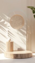 Geometric shapes in an abstract minimal scene. Wooden product display podium on white background with light for mock-up cosmetic, spa product. 3D Stage showcase on pedestal display background studio