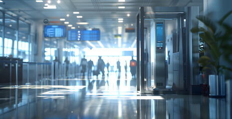 A busy airport terminal with people walking around and a security checkpoint