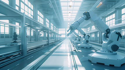 Fototapeta premium Industrial robots on the modern factory floor