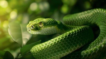 Fototapeta premium Sleek snake coiled on a branch, detailed scales and intense gaze, set against a dense, verdant forest, illustrating the beauty of reptiles
