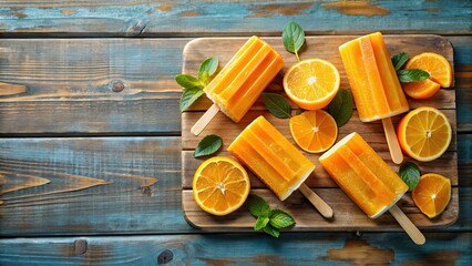 Homemade orange popsicles on a rustic wooden background, orange, popsicles, homemade, frozen, summer, dessert, refreshing, citrus, fruit