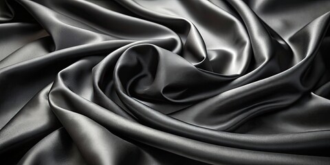 Fototapeta premium Smooth black satin fabric with soft folds on dark background , satin, fabric, background, black, silk, cloth, material, smooth, shiny