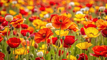 Obraz premium Red and yellow poppies arranged in a patchwork style , flowers, poppy, red, yellow, vibrant, colorful, patchwork, arrangement