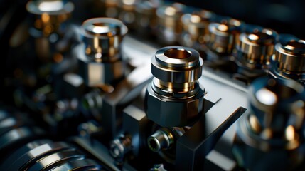 Close-up of metallic mechanical components of an engine; showcasing precision engineering and intricate design in industrial machinery.