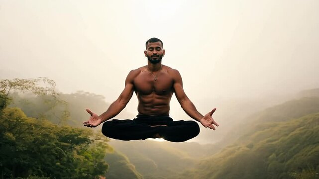 Yoga master man posing levitating