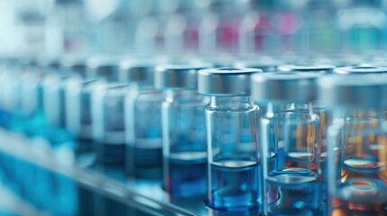 Close-up shot of several glass vials with colorful liquids in a laboratory setting, showcasing scientific research and experiments.