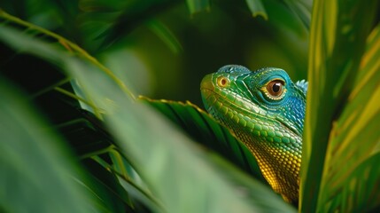 Obraz premium Vibrant reptile in a lush rainforest terrain, showcasing distinctive traits such as colorful scales and keen eyesight, amidst the greenery