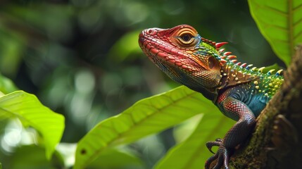 Obraz premium Vibrant reptile in a lush rainforest terrain, showcasing distinctive traits such as colorful scales and keen eyesight, amidst the greenery