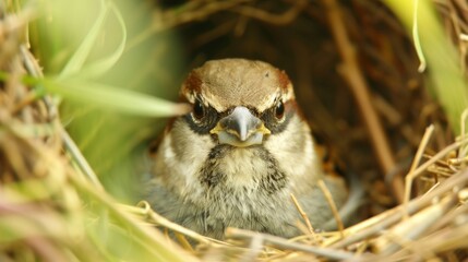 Fototapeta premium Sparrow building its nest, demonstrating intricate instincts and precise actions, a delicate scene of nature's craftsmanship