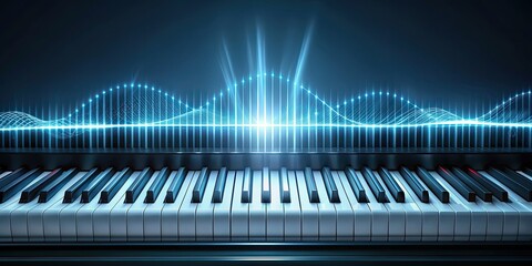 Futuristic piano with sound wave light patterns on solid background, futuristic, piano, sound waves, light, patterns
