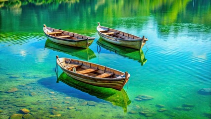 Obraz premium Tranquil scene of three empty old boats floating on green and blue water, boats, old, empty, tranquil, scene, water, green, blue