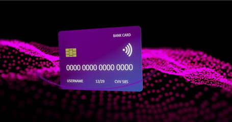 Floating contactless bank card over digital wave, representing modern finance technology