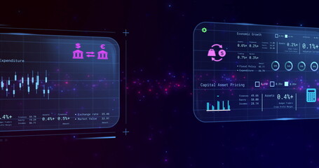 Analyzing financial data on digital screens with graphs and charts in modern interface