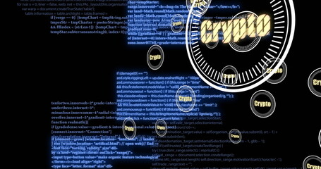 Floating digital code and crypto text, representing blockchain technology and cryptocurrency