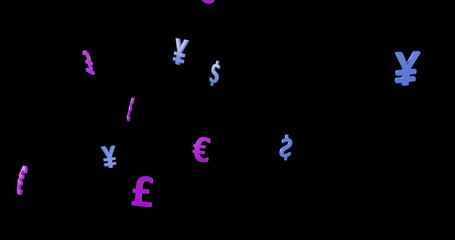 Floating currency symbols including dollar, euro, yen, and pound on black background