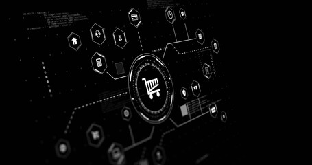 Fototapeta premium Digital shopping cart icon connecting various financial services and applications