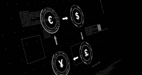 Digital currency symbols with arrows illustrating global financial transactions