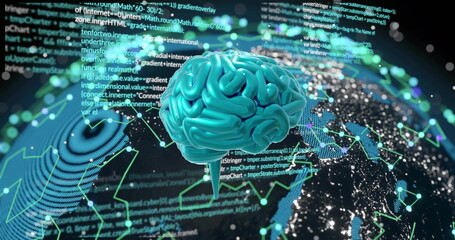 Digital data and world map, artificial intelligence brain representing global technology