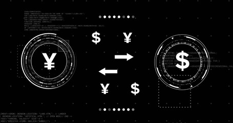 Exchanging digital currency between yen and dollar, futuristic financial technology concept