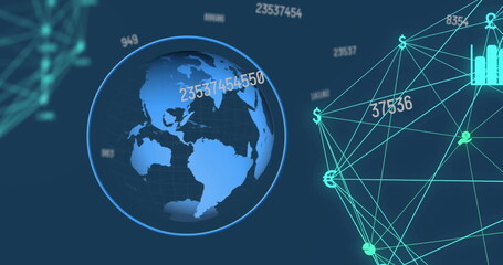 Global financial data visualized with digital connections and numerical statistics