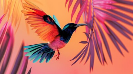 Fototapeta premium Vibrant bird adapting to a changing habitat, surrounded by altered landscapes, symbolizing resilience and environmental shifts