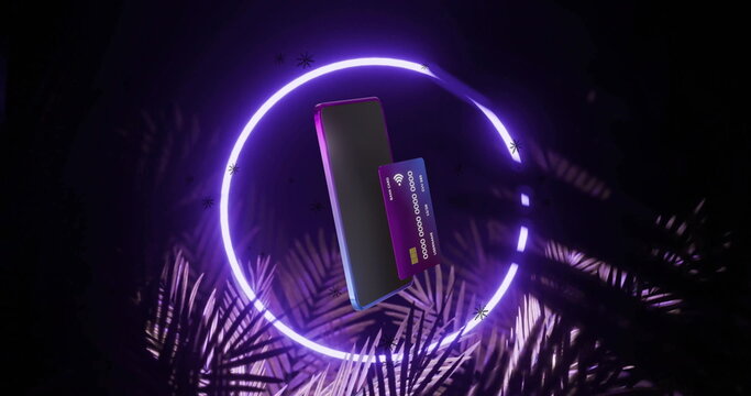 Smartphone and credit card floating in neon circle with palm leaves - Powered by Adobe