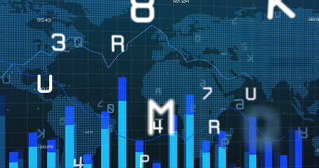 Global financial data analysis with bar graphs and world map in background