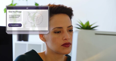 Using AI software, woman generating image prompt on computer screen