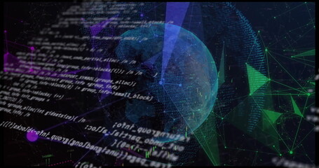 Digital code overlaying globe, representing global technology and finance integration