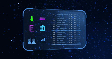 Analyzing financial data on futuristic digital screen with various icons and graphs