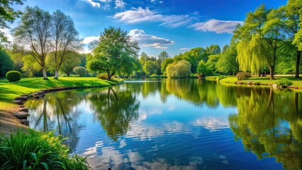 Fototapeta premium Tranquil lake nestled in a serene park setting, scenic, peaceful, water, reflection, nature, landscape, trees, greenery