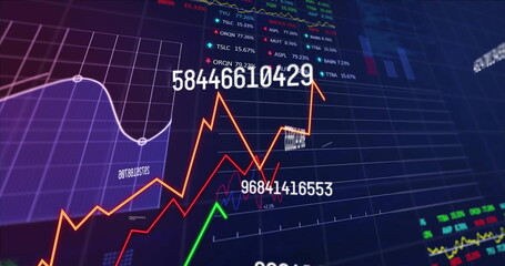 Analyzing financial data, stock market charts and graphs with numbers displayed