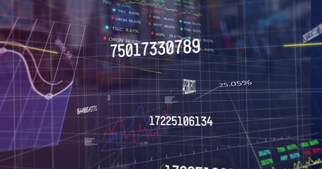 Analyzing financial data, digital graphs and numbers on transparent screens