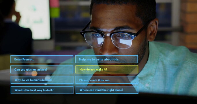 Using computer, man interacting with artificial intelligence interface for assistance