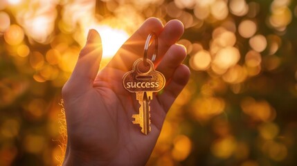 Hand handing over the key to success on a blurred golden background