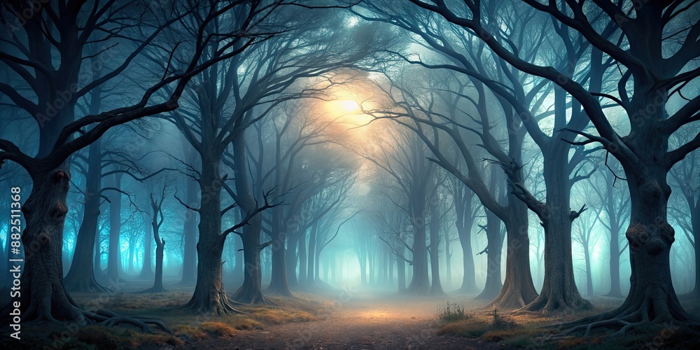 Poster Spooky forest with creepy trees engulfed in Halloween fog and darkness, Halloween, creepy, spooky, misty, eerie, forest, trees