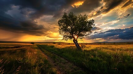 Obraz premium Sunset over the lonely tree in the middle of the vast prairie field