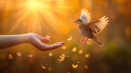 Hand lets the bird go, releases it or sets it free with morning sunlight in the background. Freedom, set free, independence, liberty, and release concept