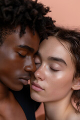 Obraz premium Couple gently touching foreheads, eyes closed, showing love and tenderness. Faces full of emotion, reflecting harmony and togetherness. Portrait of love and unity