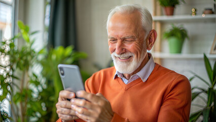 Obraz premium Senior man using smartphone at home. Elderly man using mobile phone.