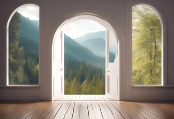 Fototapeta premium and landscape floor wood panorama created panoramic nature sunlight arc ai technology natural view background scene podium white template indoor hard mountains door forest tree serene plant