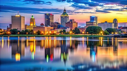 Syracuse skyline with city lights reflecting on the water at twilight, Syracuse, New York, cityscape, evening, sunset, dusk