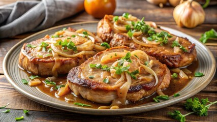 Three pieces of meat are in a pan with onions and herbs
