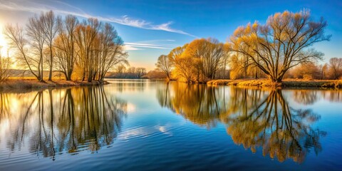 Tranquil lake view with trees bathed in sunlight, transitioning from winter to spring, background, sunshine, view, lake