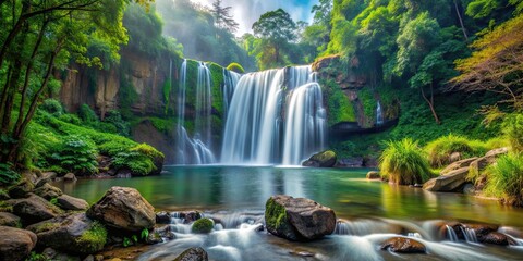 Scenic view of a majestic waterfall surrounded by lush greenery and rocks, waterfall, nature, landscape, cascade